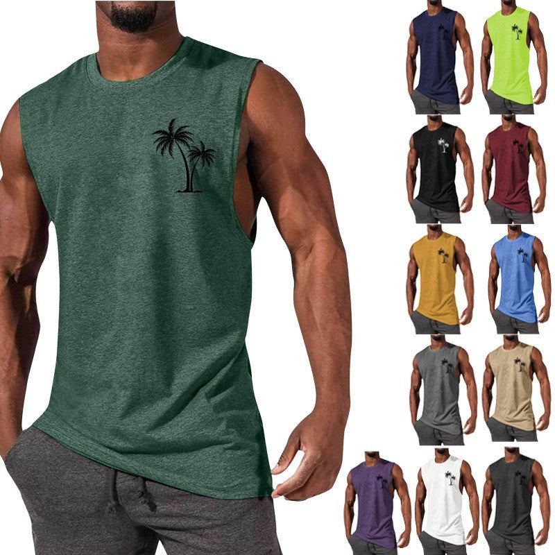 Coconut Tree Embroidery Vest Summer Beach Tank Tops Workout Muscle Men Sports Fitness T-shirt - Flex Verona