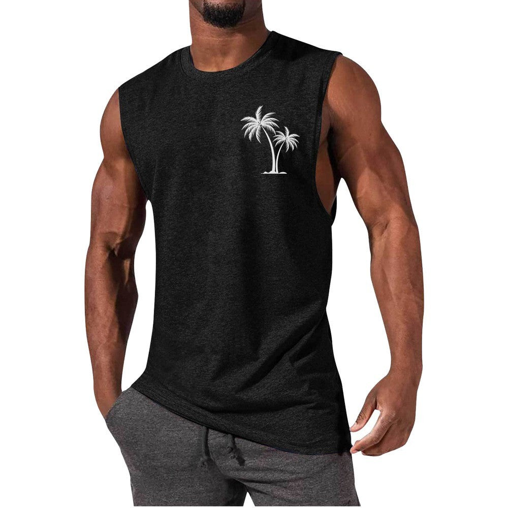 Coconut Tree Embroidery Vest Summer Beach Tank Tops Workout Muscle Men Sports Fitness T-shirt - Flex Verona