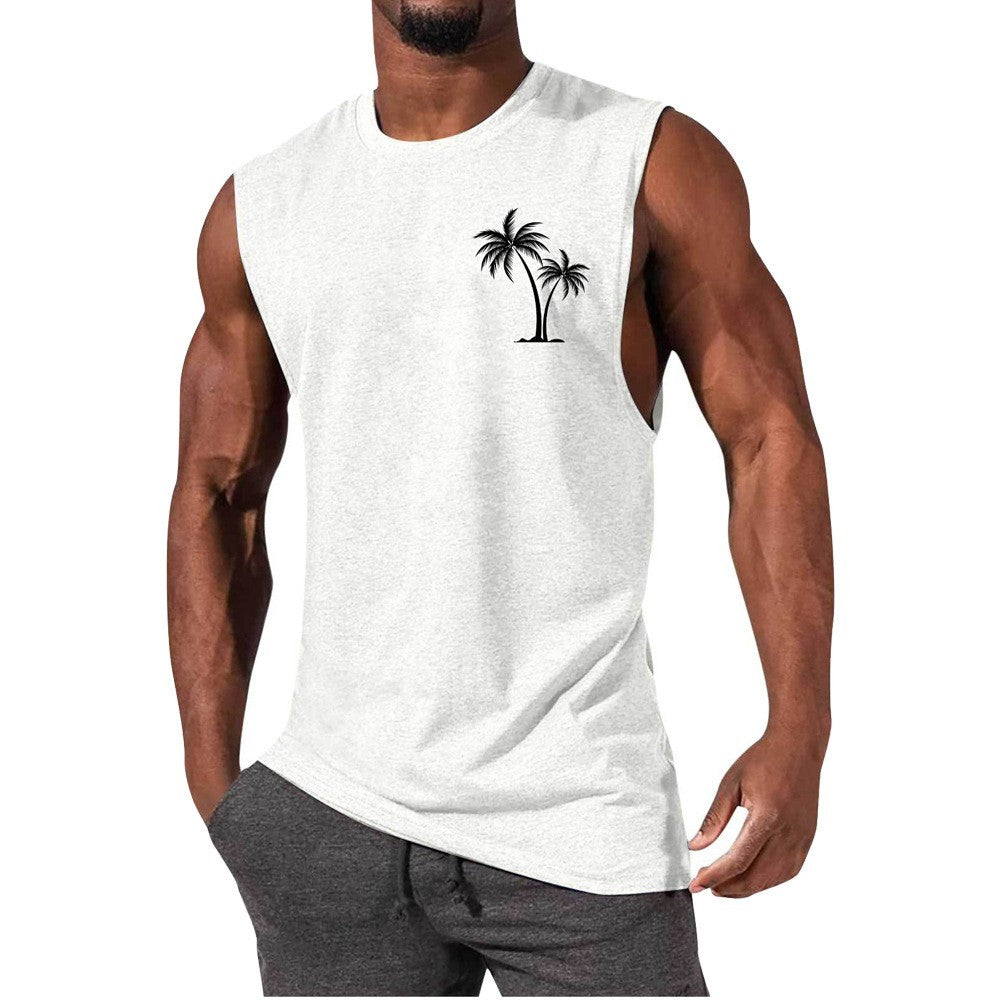 Coconut Tree Embroidery Vest Summer Beach Tank Tops Workout Muscle Men Sports Fitness T-shirt - Flex Verona